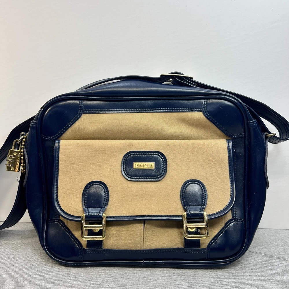 Vintage Invicta Carry-On Luggage Bag Navy Blue‎ Tan w/Lock 13x11x4 Rare READ
